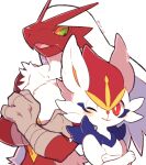  1boy 1girl alternate_eye_color animal_ears animal_nose artist_name beak bird_boy blaziken blue_fur blush body_fur cinderace collarbone colored_sclera commentary crossed_arms flat_chest furry gacho_(220_vvv) gen_3_pokemon gen_8_pokemon green_eyes long_hair looking_at_another looking_at_viewer looking_down looking_to_the_side one_eye_closed open_mouth paws pectorals pokemon pokemon_(creature) rabbit_ears rabbit_girl red_eyes red_fur redhead short_hair signature simple_background standing symbol_commentary toned toned_male upper_body white_background white_fur white_hair yellow_fur yellow_sclera 