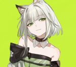  1girl animal_ear_fluff animal_ears arknights bangs bare_shoulders chinese_commentary commentary_request detached_collar dress eyebrows_visible_through_hair green_background green_dress green_eyes hair_intakes head_tilt kal&#039;tsit_(arknights) laojiu looking_at_viewer lynx_ears off-shoulder_dress off_shoulder short_hair silver_hair simple_background solo upper_body 