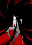  1boy absurdly_long_hair absurdres artist_name bangs black_hair collarbone completely_nude dangan_ronpa_(series) dangan_ronpa_2:_goodbye_despair hand_up highres kamukura_izuru long_hair looking_at_viewer nude red_background red_eyes red_nails solo spot_color toenail_polish tuteurfars_shin very_long_hair 