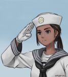  1girl anchor_symbol brown_eyes brown_hair freckles gloves highres indonesia millimeter original ponytail sailor sailor_collar salute scarf signature simple_background tan white_gloves 