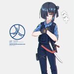  1girl bangs black_gloves black_hair black_pants blue_shirt blunt_bangs bulletproof_vest buttons chromatic_aberration collared_shirt eyebrows_visible_through_hair feet_out_of_frame gloves grey_background hair_over_one_eye hands_up highres katana knife kuro_kosyou looking_at_viewer one_side_up original pants parted_lips police police_uniform sheath sheathed shikigami shiny shiny_hair shirt simple_background solo standing straight_hair striped sword thigh_pouch uniform vertical_stripes weapon 