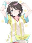  1girl blue_eyes breasts brown_hair closed_mouth hololive ixy medium_breasts one_eye_closed oozora_subaru shirt short_hair short_sleeves simple_background solo striped striped_shirt tied_shirt vertical-striped_shirt vertical_stripes white_background 