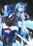  1girl black_legwear blue_hair bodystocking breasts eula_(genshin_impact) genshin_impact gloves hairband highres ice leotard long_sleeves looking_at_viewer parted_lips petcha_the_o solo wide_sleeves 