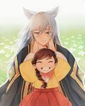  animal_ears bangs blue_eyes child cloak dress flower fox_boy fox_ears grin guardian_tales hand_up japanese_clothes looking_at_another manjin512 nine_tailed_fox_garam red_dress silver_hair simple_background smile swept_bangs 