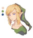  1boy clivenzu closed_mouth color_guide cropped_shoulders green_headwear green_shirt hat highres link looking_at_viewer male_focus pointy_ears portrait shirt short_hair sidelocks signature simple_background solo the_legend_of_zelda violet_eyes white_background 