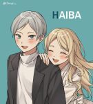  1boy 1girl :d ^_^ age_difference alternate_costume artist_name black_jacket blonde_hair blush brother_and_sister character_name closed_eyes clunch eyebrows_visible_through_hair green_eyes grey_hair haiba_arisa haiba_lev haikyuu!! happy hug hug_from_behind jacket long_hair long_sleeves looking_at_viewer open_clothes open_jacket open_mouth short_hair siblings simple_background smile standing suit_jacket sweater turtleneck turtleneck_sweater upper_body white_sweater 