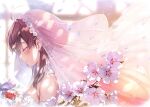  1girl ahoge blurry blurry_background blush bouquet breasts bridal_gauntlets bridal_veil brown_hair closed_eyes closed_mouth dappled_sunlight dress flower hair_bun hair_ornament hairclip highres holding holding_bouquet katou_megumi lips medium_hair misaki_kurehito official_art petals portrait saenai_heroine_no_sodatekata sideboob smile solo sunlight veil wedding_dress white_flower window 