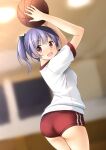  1girl :d arms_up ass ball bangs basketball black_bow blurry blurry_background blush bow buruma commentary_request depth_of_field eyebrows_visible_through_hair from_behind gym_shirt gym_uniform hair_bow highres holding holding_ball indoors looking_at_viewer looking_back open_mouth original ponytail red_buruma red_eyes shibacha shirt short_hair short_sleeves smile solo standing white_shirt 