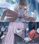  3girls bangs blonde_hair blue_eyes blurry blurry_background breasts brown_capelet brown_headwear deerstalker gardavwar hair_ornament hat highres holding hololive hololive_english long_hair monocle_hair_ornament mori_calliope multiple_girls mustache_print necktie open_mouth pink_hair re:zero_kara_hajimeru_isekai_seikatsu red_neckwear running short_necktie smile split_screen takanashi_kiara tiara virtual_youtuber watson_amelia white_headwear 