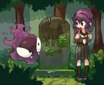  1girl backpack bag black_legwear black_shirt black_skirt forest gastly gen_1_pokemon grave grey_footwear hex_maniac_(pokemon) kurt_robinson looking_at_another nature pokemon purple_hair school_uniform shirt skirt tree 