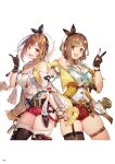  1girl atelier_(series) atelier_ryza atelier_ryza_2 bangs bare_shoulders belt beret braid breasts brown_eyes brown_hair gloves hair_ornament hairclip hat highres looking_at_viewer medium_breasts official_art one_eye_closed open_mouth reisalin_stout shorts simple_background smile solo thighs tied_hair toridamono v white_background 