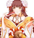  1girl absurdres bangs bell blunt_bangs brown_hair dress emgh7234 exorcist_miya eyebrows_visible_through_hair fan flat_chest grin hair_ornament highres japanese_clothes jewelry long_hair looking_at_viewer necklace smile white_background yellow_eyes 