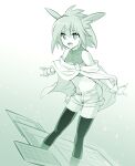  1girl animal_ears bare_shoulders cloak collarbone eyebrows_visible_through_hair fingerless_gloves gloves green_theme gundam hair_between_eyes haro highres ishiyumi monochrome navel personification short_hair shorts solo thigh-highs wrist_cuffs 