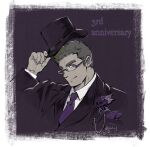  1boy alternate_costume anniversary formal glasses hat looking_at_viewer male_focus necktie pmlial purple_theme shiro_(tokyo_houkago_summoners) short_hair sideburns solo spiky_hair suit thick_eyebrows tokyo_houkago_summoners top_hat upper_body 