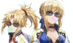  2girls ahoge artoria_pendragon_(all) bangs blonde_hair blue_ribbon braid breasts breasts_apart bubble_blowing chewing_gum choker fate/apocrypha fate/stay_night fate_(series) french_braid green_eyes hair_bun hair_ornament hair_ribbon hair_scrunchie highres jacket long_hair looking_at_viewer mordred_(fate) mordred_(fate)_(all) multiple_girls parted_bangs ponytail ribbon saber scrunchie sidelocks small_breasts sunglasses tonee 