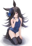  1girl animal_ears bangs bare_arms bare_shoulders black_hair black_headwear black_legwear blue_flower blue_rose blue_swimsuit chen_bingyou collarbone commentary_request covered_navel eyebrows_visible_through_hair eyes_visible_through_hair flower full_body hair_over_one_eye hand_up hat hat_flower head_tilt highres horse_ears horse_girl horse_tail long_hair looking_at_viewer no_shoes one-piece_swimsuit parted_lips rice_shower_(umamusume) rose school_uniform solo swimsuit tail thigh-highs tilted_headwear umamusume very_long_hair violet_eyes wavy_mouth white_background 