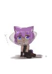  1girl animal_ear_fluff animal_ears bare_shoulders black_bodysuit bodysuit cat_ears chibi dark_skin dark-skinned_female fate/prototype fate/prototype:_fragments_of_blue_and_silver fate_(series) hassan_of_serenity_(fate) highres i.u.y kemonomimi_mode pet_cone purple_hair shadow solo translation_request violet_eyes white_background 