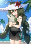  1girl :d animal antenna_hair azur_lane bangs bare_shoulders beach bikini black_bikini black_nails blue_sky blush bow braid clouds collarbone cowboy_shot dark_green_hair day eyebrows_visible_through_hair flower gemini_(feng) green_hair hair_between_eyes hat hat_flower holding holding_animal long_hair looking_at_animal midriff nail_polish navel o_o ocean official_alternate_costume open_mouth outdoors palm_tree red_eyes red_flower see-through sidelocks sky smile sparkle standing strap_slip straw_hat sun_hat sweat swimsuit tears torricelli_(azur_lane) torricelli_(shady_seaside)_(azur_lane) tree turtle twin_braids very_long_hair wrist_wrap 