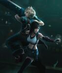  1boy 1girl absurdres armor black_hair black_legwear black_skirt blonde_hair breasts buster_sword cloud_strife crop_top elbow_gloves elbow_pads final_fantasy final_fantasy_vii final_fantasy_vii_remake fingerless_gloves gloves green_eyes highres large_breasts long_hair looking_to_the_side looking_up low-tied_long_hair materia midriff navel open_mouth ranh red_eyes red_footwear shoes shoulder_armor signature skirt sleeveless sleeveless_turtleneck spiky_hair suspender_skirt suspenders suspenders_gap sword tank_top teeth thigh-highs tifa_lockhart turtleneck weapon white_tank_top 