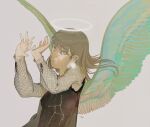  1girl angel_wings bright_pupils brown_eyes brown_hair constellation earrings eyebrows_visible_through_hair feathered_wings floating_hair grey_background halo hands_up highres jewelry long_sleeves looking_at_viewer original signature simple_background solo toktin_zq white_pupils wings 