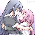  2girls :d artist_name blue_hair blush braid eye_contact hug long_hair looking_at_another low_ponytail magia_record:_mahou_shoujo_madoka_magica_gaiden mahou_shoujo_madoka_magica multiple_girls nanami_yachiyo open_mouth pink_hair profile school_uniform serafuku smile studiozombie tamaki_iroha upper_body yuri 