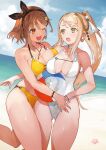  2girls atelier_(series) atelier_ryza atelier_ryza_2 ball bare_shoulders beachball bikini blonde_hair breasts day green_eyes highres klaudia_valentz long_hair medium_breasts multiple_girls official_art one-piece_swimsuit outdoors reisalin_stout see-through swimsuit thighs toridamono 