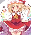  1girl ascot blonde_hair bloomers blurry blush bow breasts character_name commentary_request cowboy_shot crystal depth_of_field dorowa_(drawerslove) eyebrows_visible_through_hair fang flandre_scarlet flying_sweatdrops frilled_shirt_collar frills hat hat_bow highres lifted_by_self mob_cap one-hour_drawing_challenge one_side_up open_mouth puffy_short_sleeves puffy_sleeves red_bow red_skirt red_vest short_hair short_sleeves simple_background skirt small_breasts solo standing sweat touhou underwear vest white_background white_headwear wings yellow_neckwear 