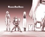  1girl 3others commentary highres humanoid_robot ishiyumi mechanical_buddy_universe monochrome multiple_girls multiple_others robot science_fiction sepia title_page 