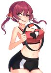  1girl bangs belly blush breasts heterochromia highres hololive houshou_marine large_breasts long_hair looking_at_viewer navel oritonagi red_eyes redhead ribbon ring_fit_adventure smile solo sports_bra twintails virtual_youtuber yellow_eyes 