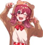  1girl ;d animal_costume bow hair_bow highres idolmaster idolmaster_shiny_colors komiya_kaho long_sleeves looking_at_viewer one_eye_closed open_mouth red_bow red_eyes redhead short_hair simple_background smile solo symbol_commentary teeth upper_body upper_teeth white_background yoshisawa 