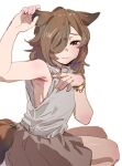  1girl animal_ears armpits bare_arms blush bow_(bhp) bracelet brown_eyes brown_hair closed_mouth fingernails from_behind grey_shirt hand_up jewelry looking_at_viewer looking_back one_eye_covered original shirt sitting sleeveless sleeveless_shirt solo tail 
