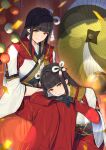  2girls black_hair hinoa japanese_clothes kimono long_hair minoto monster_hunter monster_hunter_rise pointy_ears siblings suusuke twins 