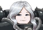 1girl armor bangs closed_mouth commission grey_eyes grey_hair long_hair looking_at_viewer lutherniel parted_bangs pauldrons shoulder_armor simple_background sister_of_battle smile solo warhammer_40k white_background 