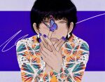  1girl animal_print black_hair blue_background blue_butterfly blue_nails bug butterfly butterfly_print earrings grey_eyes hands_together hands_up highres insect jewelry looking_at_viewer mole mole_under_eye original parted_lips print_shirt shirt short_hair solo toktin_zq upper_body 