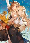  2girls atelier_(series) atelier_ryza atelier_ryza_2 bangs blonde_hair breasts brown_eyes brown_hair dress eyebrows_visible_through_hair green_eyes highres klaudia_valentz long_hair looking_at_viewer medium_breasts multiple_girls official_art one_eye_closed open_mouth reisalin_stout short_hair smile toridamono 