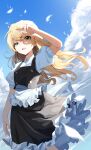  1girl black_skirt blonde_hair blue_sky clouds commentary_request day eyebrows_visible_through_hair feathers green_eyes hair_between_eyes hand_up highres kirisame_marisa long_hair mansu_(user_pnmp4287) no_hat no_headwear open_mouth shirt short_sleeves skirt sky solo touhou white_shirt wind 