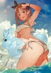  1girl animal armpits ass atelier_(series) atelier_ryza bangs bare_shoulders bikini bird blue_sky blush bracelet breasts brown_eyes brown_hair clouds cloudy_sky day earrings eyebrows_visible_through_hair hair_ornament hairband hairclip highres holding innertube jewelry looking_at_viewer medium_breasts ocean official_art open_mouth outdoors partially_submerged reisalin_stout see-through shiny shiny_hair simple_background sky smile solo swimsuit thighs toridamono under_boob water water_drop wet white_bikini 