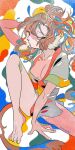  1girl abstract_background aqua_eyes arm_up bare_legs barefoot breasts breasts_apart brown_hair floating_hair grey_shirt highres knee_up original profile satomori shirt short_sleeves signature solo tail white_nails 