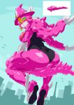  1girl ass blonde_hair breasts city colored_skin dragon_girl flying green_eyes hat highres kikai_sentai_zenkaiger looking_back mecha mechanical_wings otokamu pink_skin sitting staff super_sentai tokusatsu wings witch witch_hat zenkai_magine 