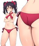  1girl absurdres ass black_hair blush breasts criss-cross_halter crossed_arms halterneck highres love_live! multiple_views navel red_eyes simple_background small_breasts swimsuit swimwear twintails wewe white_background yazawa_nico 