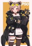  1girl blush bullpup choker double_bun gas_mask girls_frontline gun highres light_brown_hair narynn p90 p90_(girls_frontline) red_eyes reloading short_hair solo submachine_gun weapon 