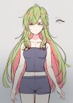  1girl bangs bare_arms bare_shoulders black_camisole black_shorts braid breasts camisole closed_mouth eyebrows_visible_through_hair green_eyes green_hair grey_background hair_between_eyes highres long_hair looking_at_viewer meito_(maze) midriff morinaka_kazaki multicolored_hair navel nijisanji redhead short_shorts shorts simple_background small_breasts solo standing thigh_gap two-tone_hair very_long_hair virtual_youtuber 