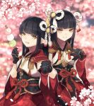  2girls black_hair hinoa japanese_clothes kimono long_hair minoto monster_hunter monster_hunter_rise pointy_ears siblings toutenkou10105 twins 