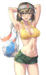  1girl armpits beach_volleyball bikini blush breasts brown_hair collarbone denim denim_shorts green_pants hair_between_eyes headband hiryuu_(kancolle) kantai_collection kokuzou medium_breasts messy_hair navel open_mouth pants remodel_(kantai_collection) short_hair shorts simple_background solo swimsuit toned upper_body white_background yellow_bikini yellow_eyes 