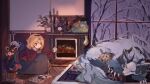  1girl bangs blonde_hair blue_eyes eyebrows_visible_through_hair fireplace food future_princess golden_jing guardian_tales hand_on_own_face highres holding looking_at_another marshmallow mayreel_(guardian_tales) short_hair sleeping swept_bangs white_beast_(guardian_tales) winter 