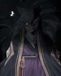  animal_ears black_background blue_butterfly bug butterfly cloak closed_mouth fox_boy fox_ears fox_tail guardian_tales insect japanese_clothes looking_at_viewer manjin512 multiple_tails nine_tailed_fox_garam sad shadow silver_hair standing tail yellow_eyes 