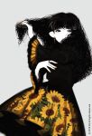  1girl bangs black_dress black_hair dress earrings floral_print flower grey_background hands_up highres jewelry long_hair original print_dress simple_background solo toktin_zq upper_body yellow_flower yellow_nails 