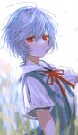  1girl ayanami_rei bangs blue_hair blurry blurry_background blush commentary_request from_side hair_between_eyes highres looking_at_viewer neck_ribbon neon_genesis_evangelion nokoru_sora red_eyes red_ribbon ribbon shirt short_hair short_sleeves solo upper_body white_background white_shirt wings 