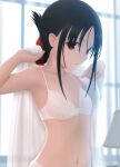  1girl bangs bare_shoulders black_hair blush bra breasts collarbone folded_ponytail hair_ribbon highres kaguya-sama_wa_kokurasetai_~tensai-tachi_no_renai_zunousen~ lace-trimmed_bra lace_trim long_hair looking_at_viewer navel open_mouth panties parted_bangs red_eyes red_ribbon ribbon shinomiya_kaguya sidelocks siraha small_breasts underwear white_bra white_panties 