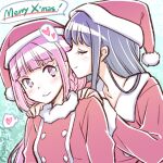  2girls artist_name blue_hair braid closed_eyes hands_on_another&#039;s_shoulders hat heart long_hair low_ponytail magia_record:_mahou_shoujo_madoka_magica_gaiden mahou_shoujo_madoka_magica merry_christmas multiple_girls nanami_yachiyo pink_hair santa_costume santa_hat spoken_heart studiozombie tamaki_iroha upper_body yuri 